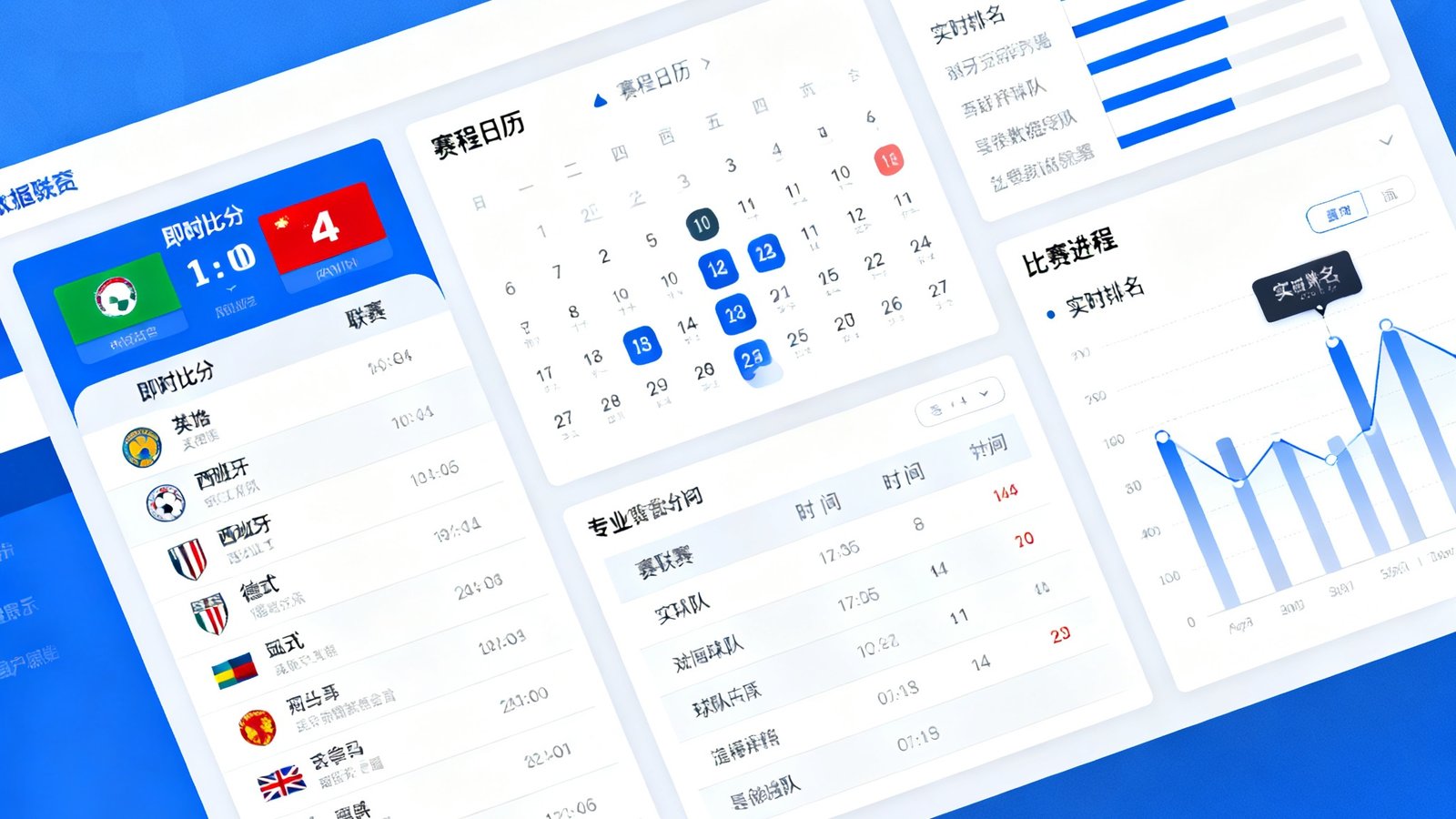 足球数据网提供即时比分、赛程日历与球队数据深度分析面板，包含英超、西甲、德甲等联赛的实时排名和比赛进程